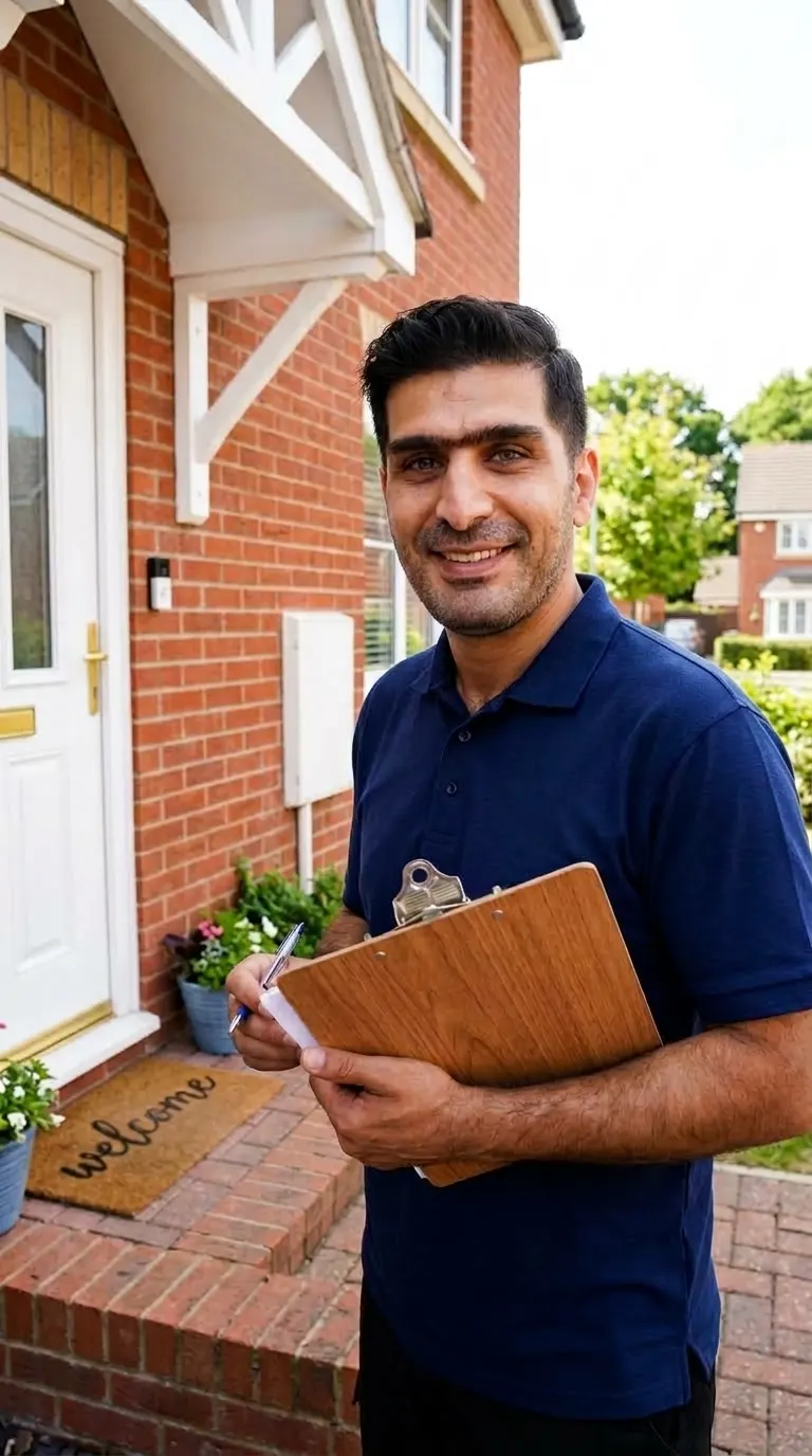 Mahonia Decor estimator holding clipboard outside customer house in Leeds
